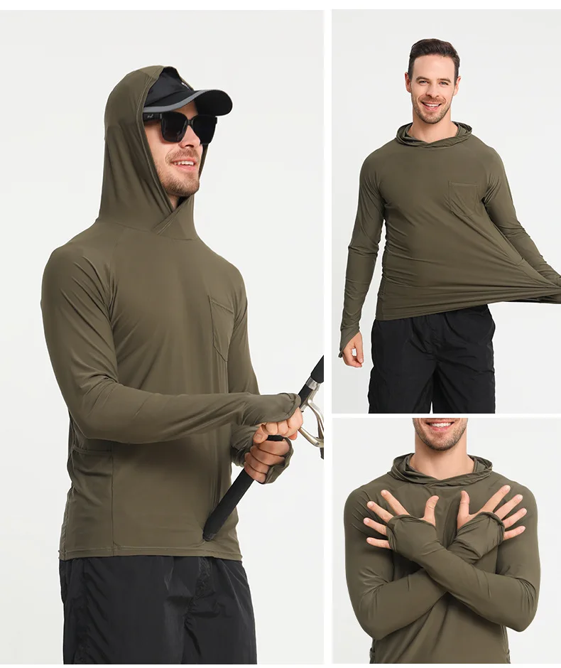 

Men UPF50+ Long Sleeve Sun Protection Hunting Fishing Clothes Hoodie Anti-UV Breathable Bathing Swim Shirt Beach Rash Guard Top