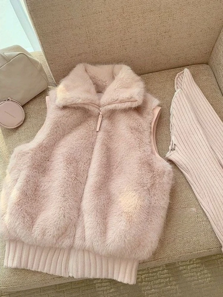 Français Chic élégant manches détachables fourrure haut en tricot femmes mince doux rose chaud gilet pull hiver mode confortable élégant vêtements d'extérieur