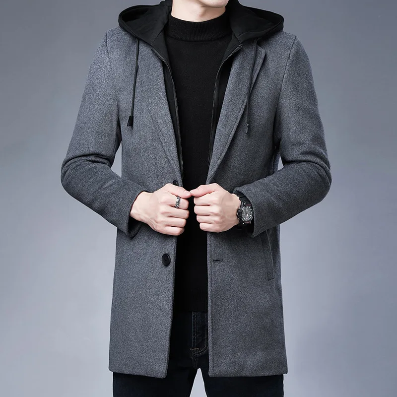 

High Quality Men's Casual Woolen Blends Coat Mid To Long Detachable Hat Trendy Jacket Men's Top