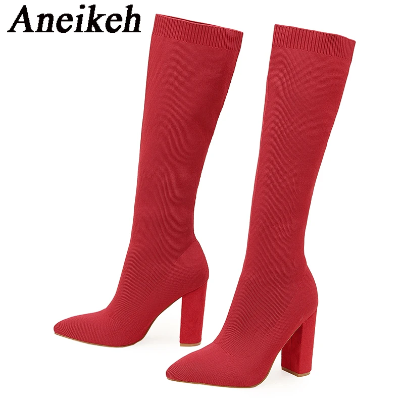 Aneikeh2024 Fashion Knitted Stretch Slip-On High BootsWomen's Pointed Thick Heels Modern Knee-High Long Boots Party Club Zapatos