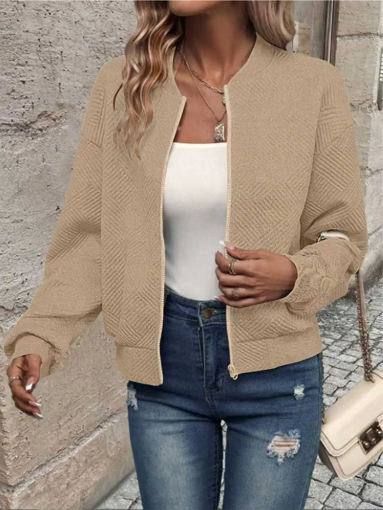 2024 independent cross-border European and American new fashionable solid color zipper jacket for women