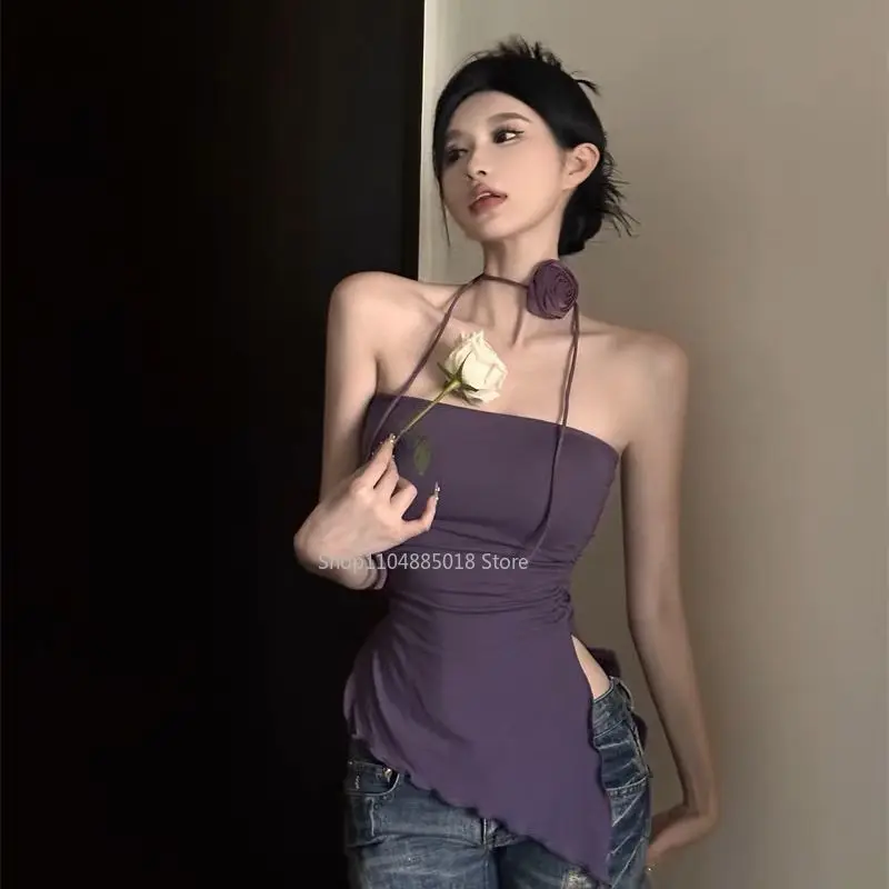 

Y2k Purple Tanks Women Vintage Flower Halter Crop Tops Temperament Side-slit Streetwear Irregular Skinny Fashion Elegant Ladies
