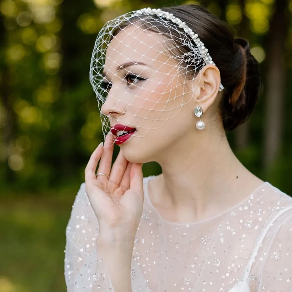 

JM28 High Quality Women Wedding Face Net Rhinestone Pearl Mesh Veils Beaded Bridal Veil Party Headband Women Fascinator Hat