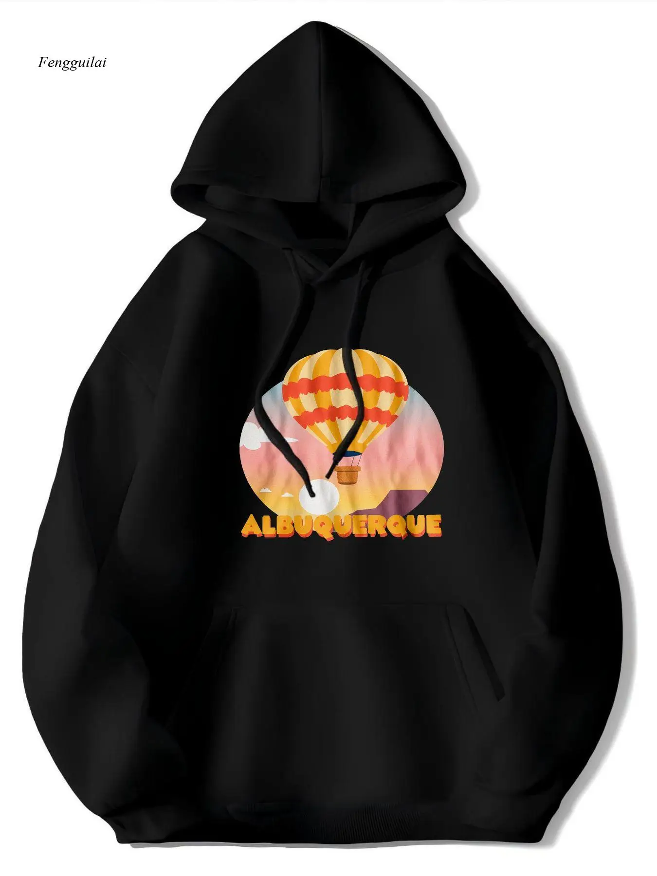 

Graphic Hooded Sweatshirt - Black Pullover Hoodie with Red/Yellow Hot Air Balloon & Pink/Orange Sky Print