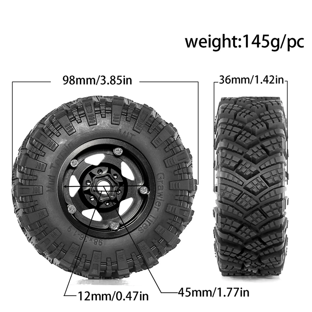 ABZW 4pcs 98mm Metal 1.9Inch Beadlock Wheel Rim Rubber Tire Set for 1/10 RC Crawler Car TRX4 D90 Axial SCX10 II III Silver