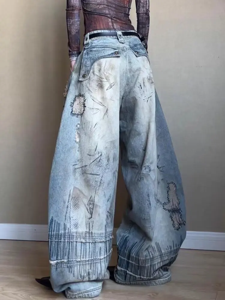 Grote maat Amerikaanse straat retro gewassen noodlijdende gebogen mes jeans wijde pijpen denim losse sikkelbroek Y2k baggy jeans vrouw