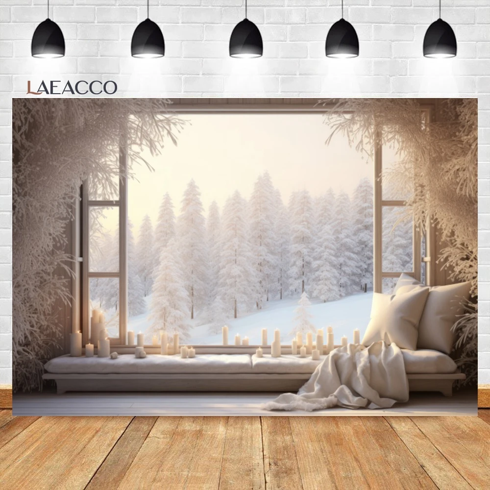 Laeacco Christmas Window Backdrop Winter Snow Scene Xmas Tree Red Curtain Gifts Kids Birthday Portrait Photography Background