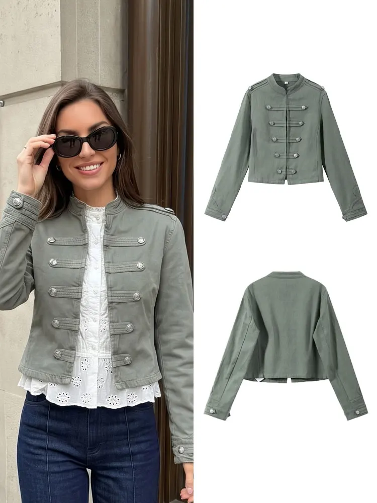 

HH Women Double Breasted Green Denim Jackets Stand Collar Long Sleeve Slim Cropped Coat Female Spring Fashion Streetwear Top