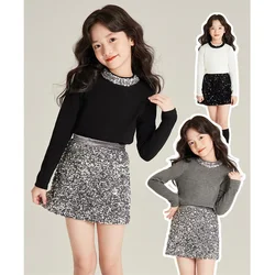 Fall and Winter Kids Clothes Baby Girls Laser Sequin Long Sleeve T Shirt Fashion Backing Shirt Elastic Force 3-7y