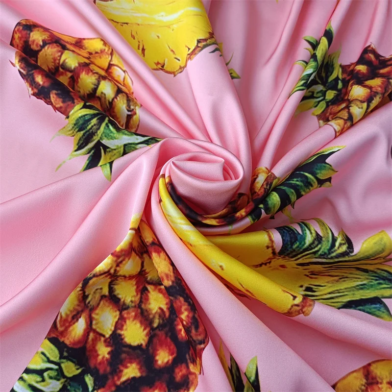 145cm wide Stretch satin pink bottom pineapple pattern digital printing fabric hand DIY sewing dress shirt fashion fabric