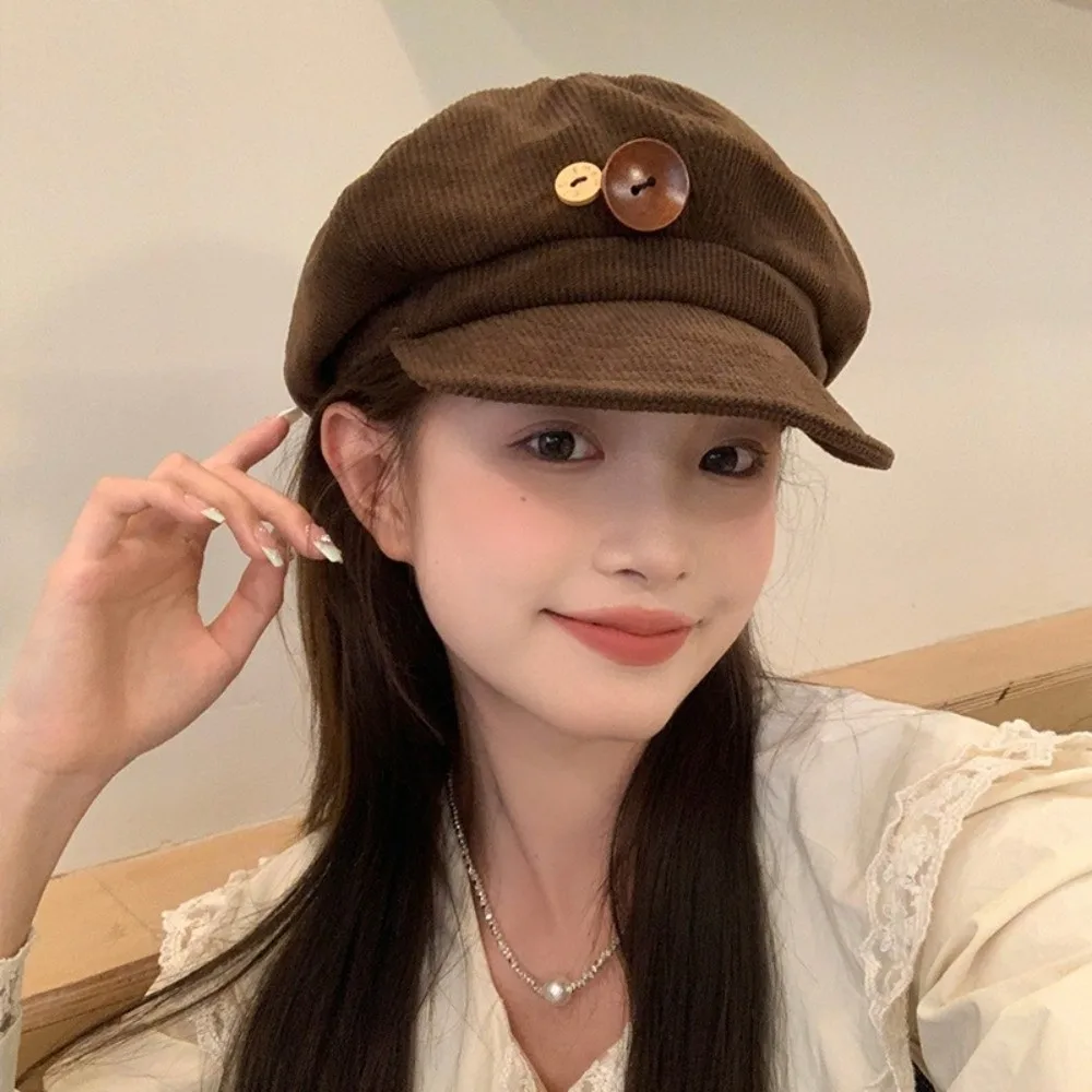 Fashion Y2k Double Button Berets Hat Harajuku JK Corduroy Baseball Cap Windproof Keep Warm Octagonal Hat Sweet