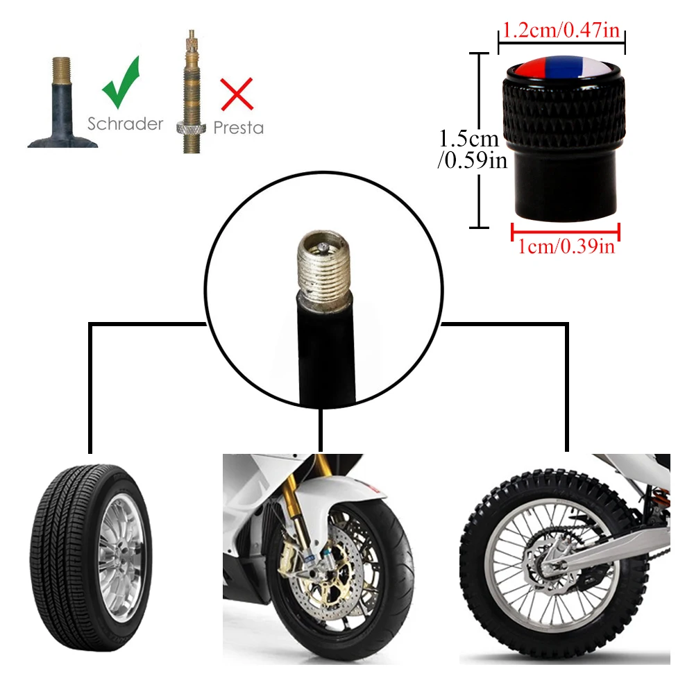 4Pcs/Set French Russian Flag Tire Valve Caps, Universal Fits All Cars Trucks SUV Bike Bicycle Motorcycle Tyre Valve Dust Covers