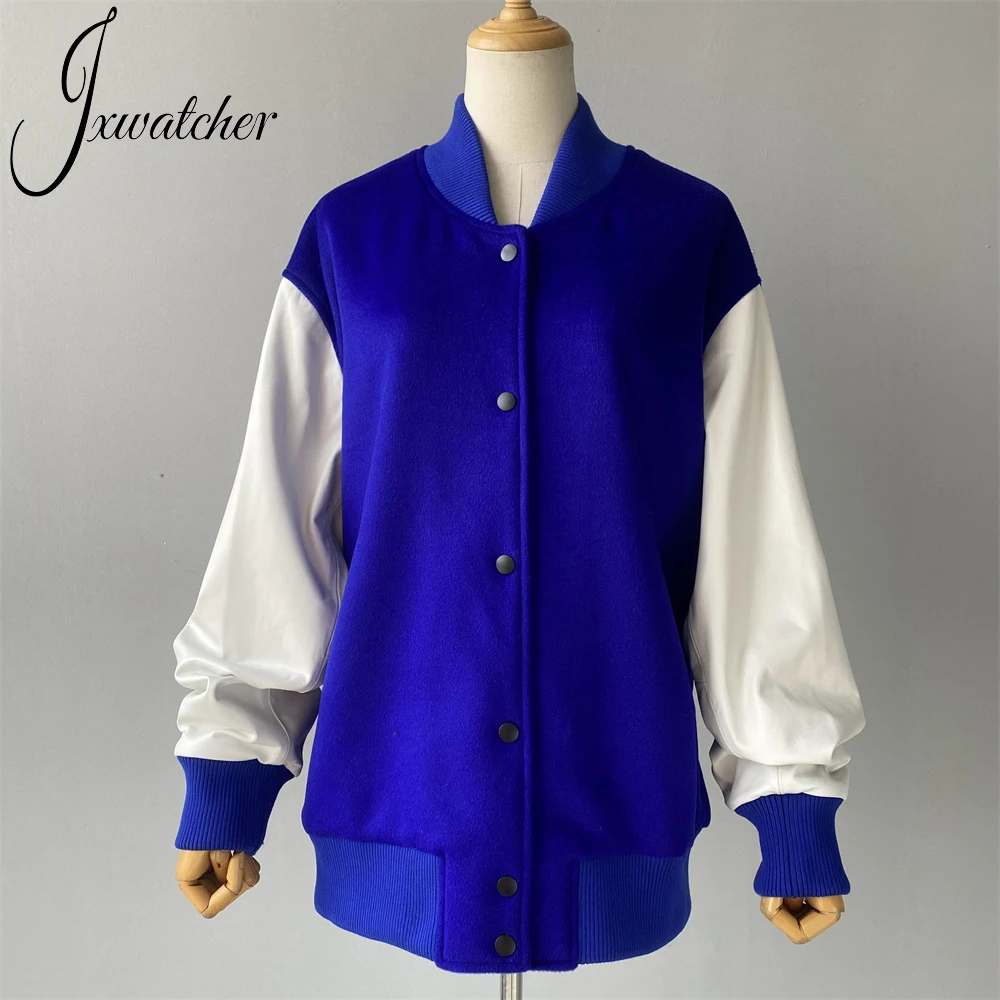 Jxwatcher Cashmere Bomber Jacket With Real Leather Sleeves Unisex Hip Hop Streetwear Spring Wool Coat Sheepskin Baseball Outwear