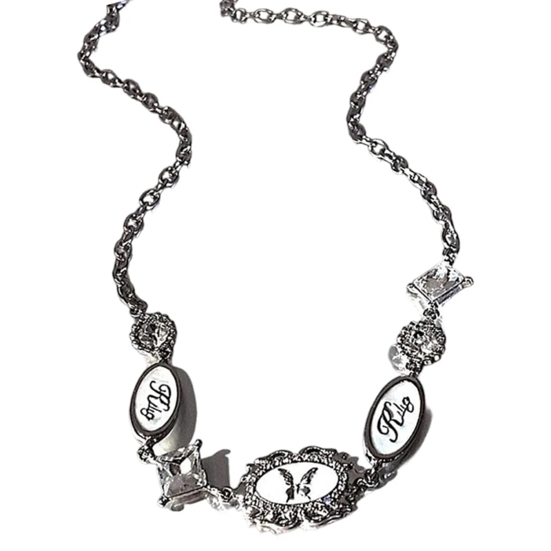 57QA Decorative Butterfly Chain Fashion Jewelry with Silver Tone Finish, White Plaques and Crystal Detail for Daily Styling