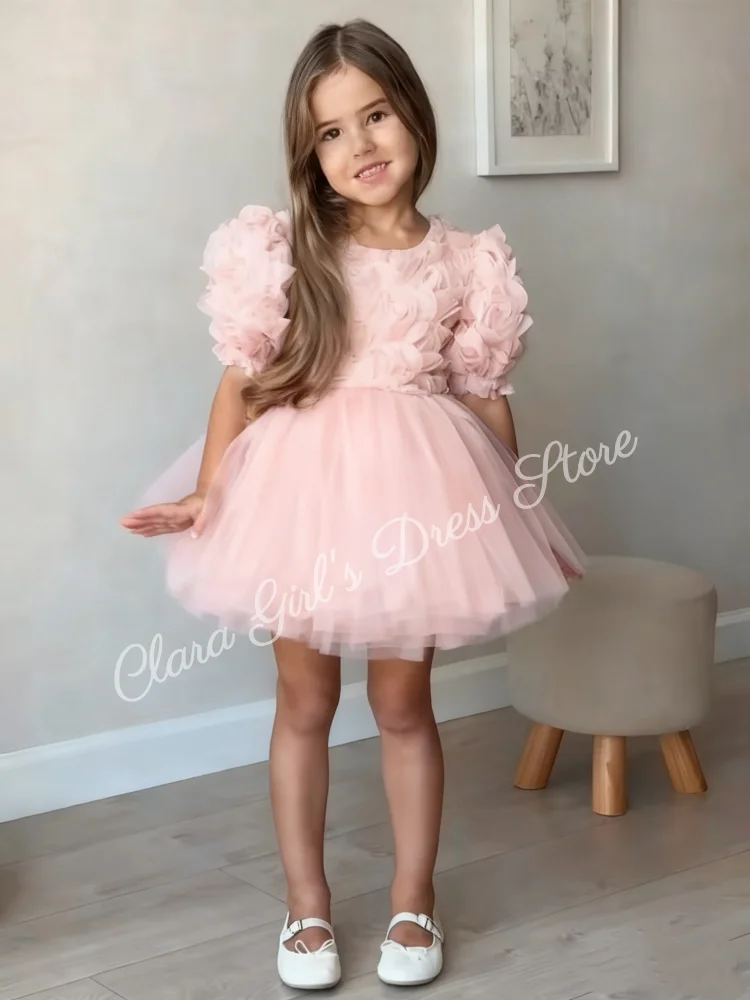 A-line Skirt Knee-Length Puffy Tulle Girls' Dress Children’s Wedding Party Dress Floral Girls' Evening Gown Customizable