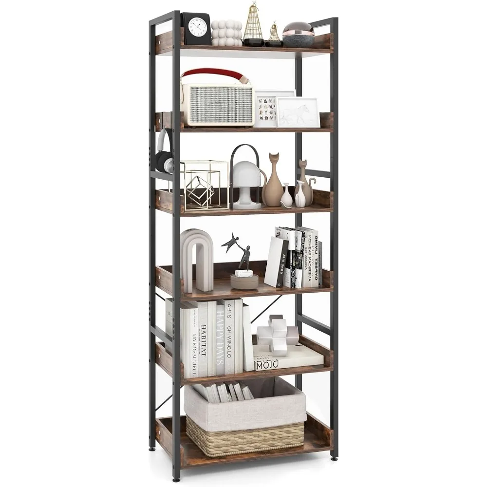 

6-Tier Bookshelf, 70” Tall Industrial Bookcase w/Open Shelves & 4 Hooks, Storage Rack w/Metal Frame, Vintage Standing D