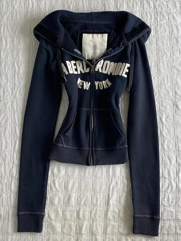 

Оригинальная американская винтажная синяя толстовка с буквами Jaet, женская осенне-зимняя облегающая длинная цветная застежка-молния све