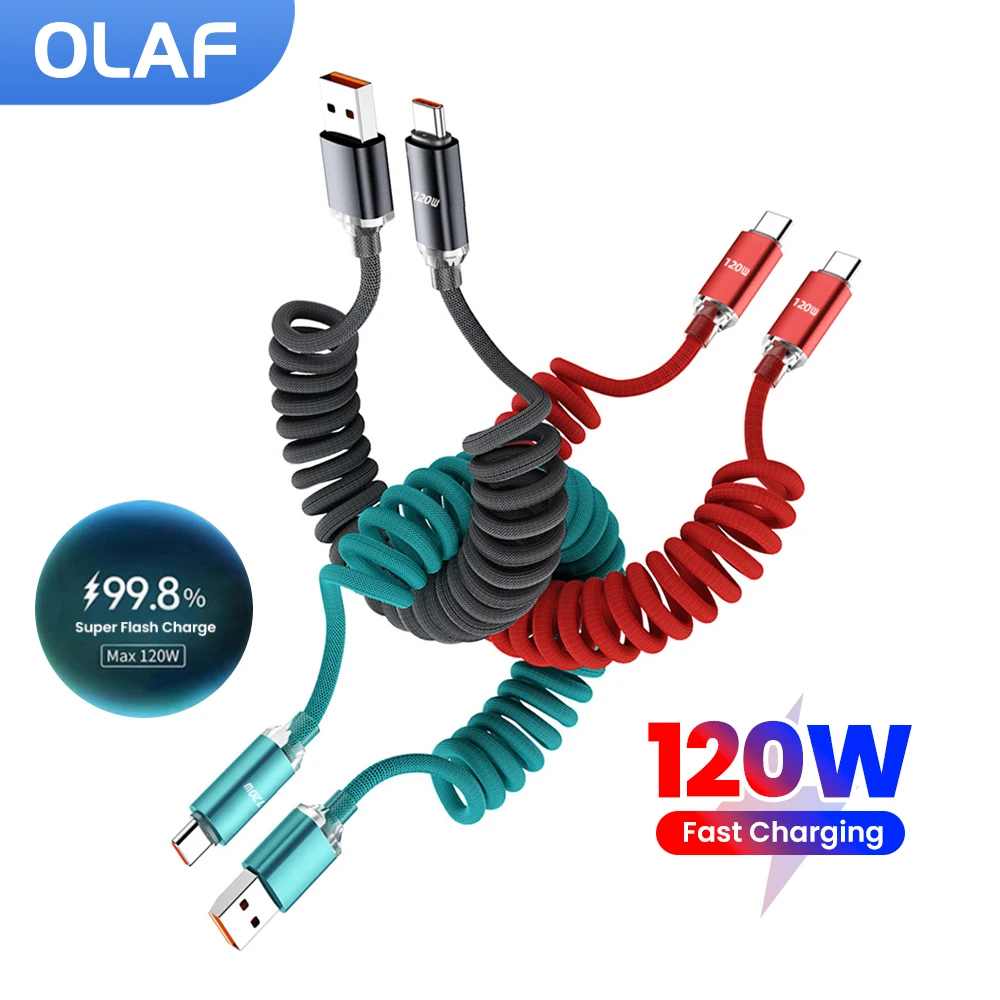 

1M/2M Car Spring Cable 120W Fast Charging Wire USB C To Type C Cable For iPhone 15 16 Sumsung USB Type C Cable For Huawei Xiaomi