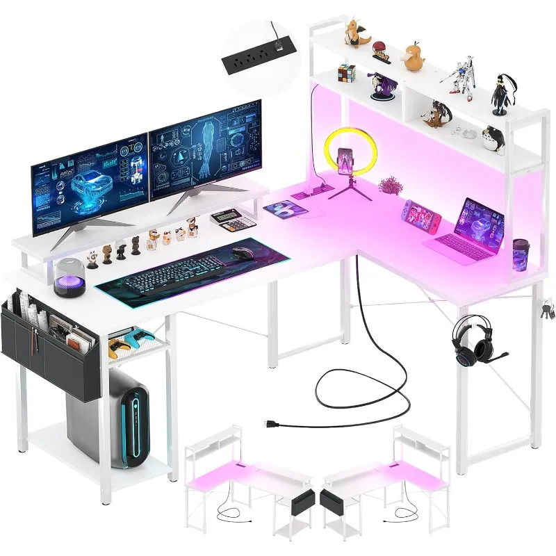 L-shaped desk with charging port and LED strip, computer desk with monitor stand and storage shelf, desk with organizer pocket