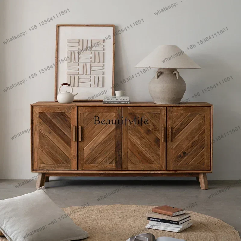 Customization Wabi-Sabi Style Solid Wood Spliced Sideboard Four-Door Storage Vintage Old Pine Entrance Cabinet