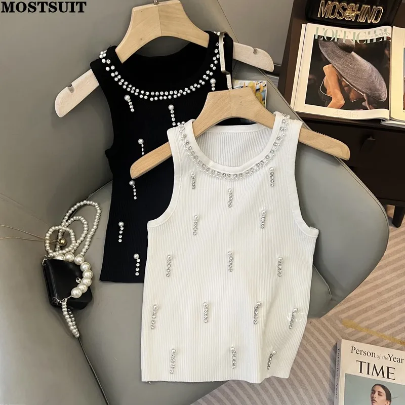 Gilet court en perles de diamants pour femmes, col rond en fibre, tricots sexy et élégants, je-j Ice, été, 2024