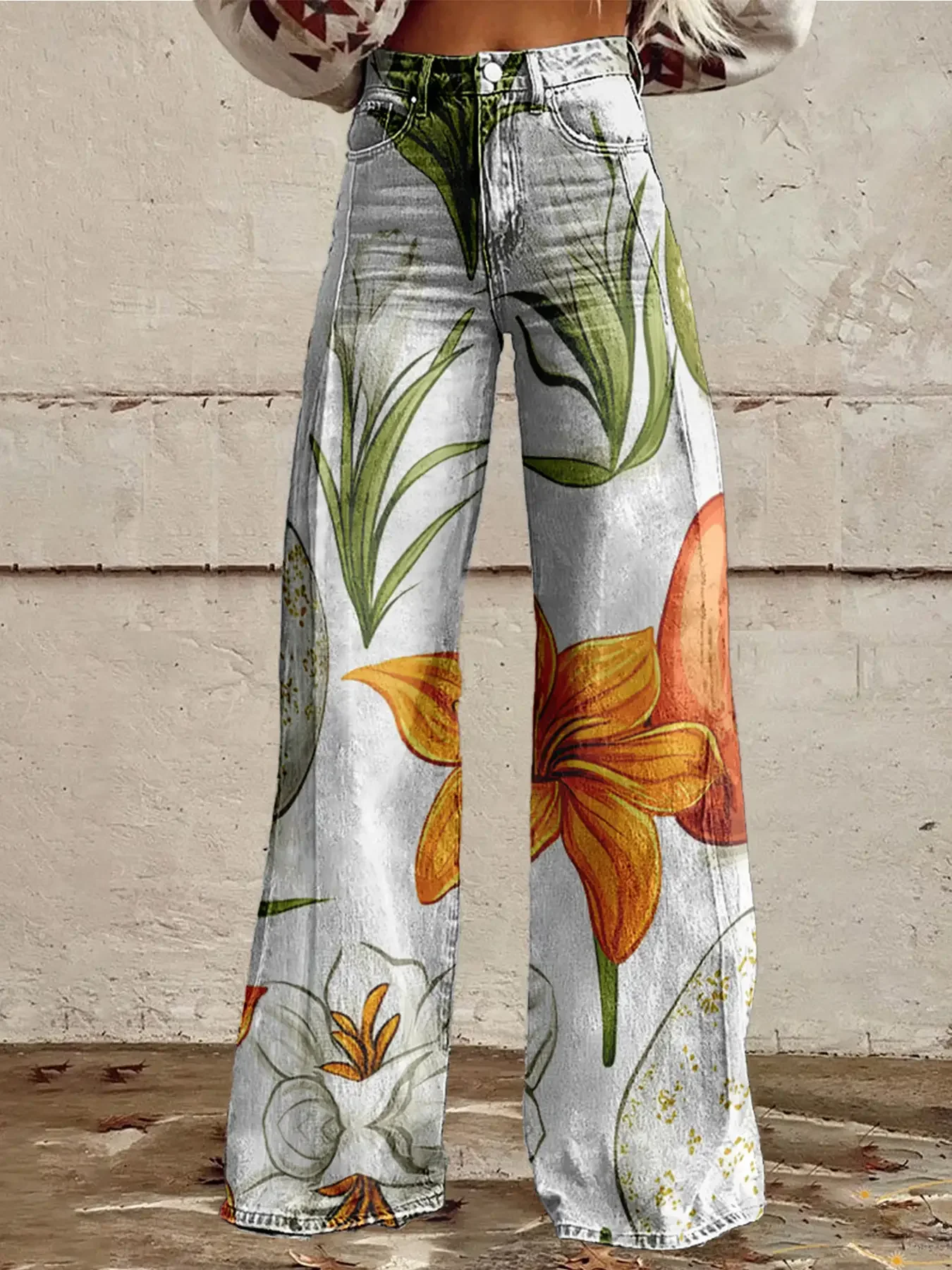 

Women's imitation jeans printed with various high waisted flared pants, Machine Washable Spring and Autumn Outdoor Dressing