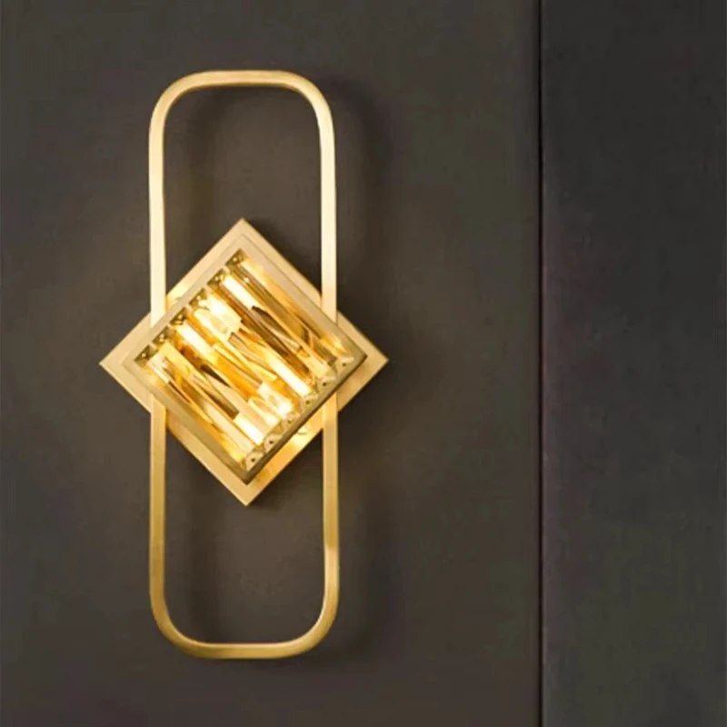 

SANDYHA Stylish Crystal LED Wall Lamps for Living Room and Bedroom Elegant Golden Square Wrought Iron Lighting Fixtures