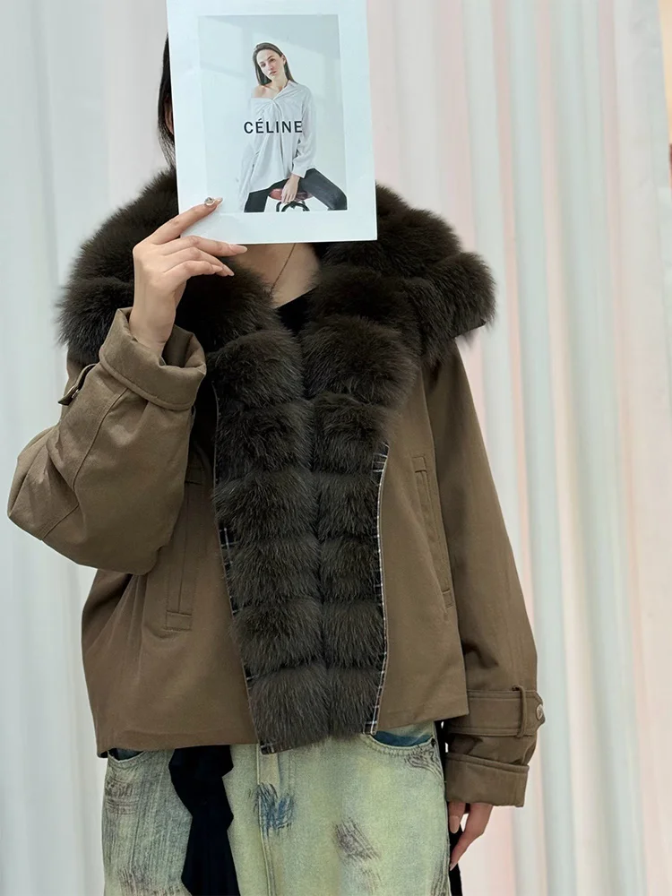 

Women Winter Natural Fox Fur Collar Parka Coats Goose Down Jacket Outwear Female Coats Puffer Jackets