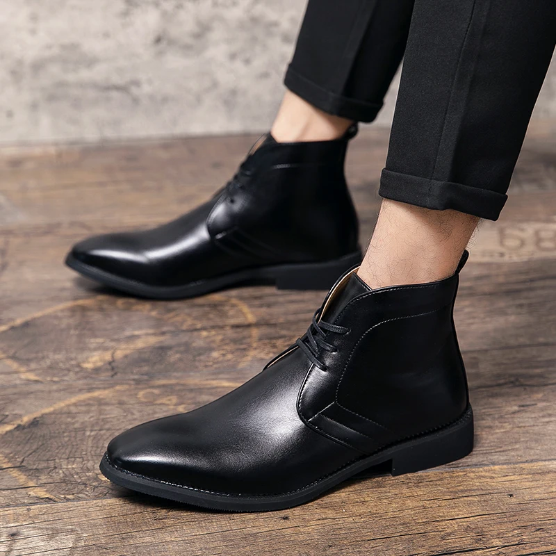 Men Ankle Boots Brown Black Blue Motorcycle Boots Lace Up Business Handmade Pu Leather Shoes for Men with - view 5