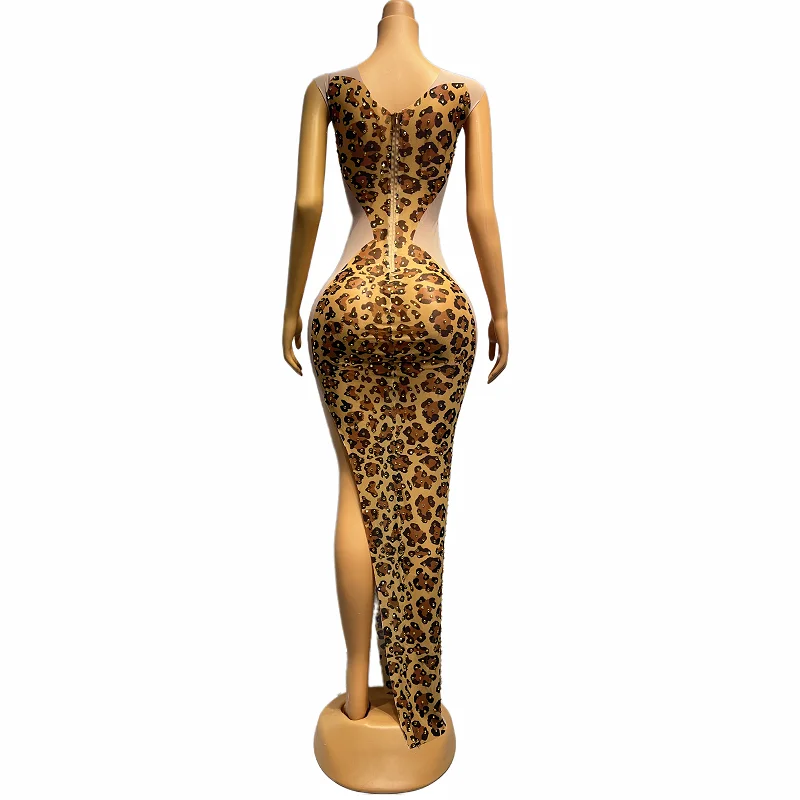 Sexy ouro strass leopardo transparente sem mangas vestido aniversário celebrar roupa de baile feminino cantor vestidos de palco baowen