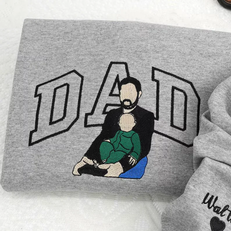 Custom Embroidered Dad Sweatshirt with Portrait From Photo: Personalized Family Portrait, Gift for Daddy or Husband