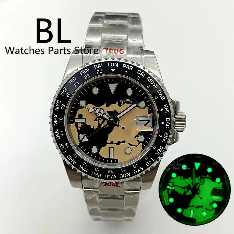 

BLIGER 40mm NH34 GMT Automatic Watch For Men With Super Full Luminous Black Dial Sapphire Glass steel Bracelet Alloy Bezel Date