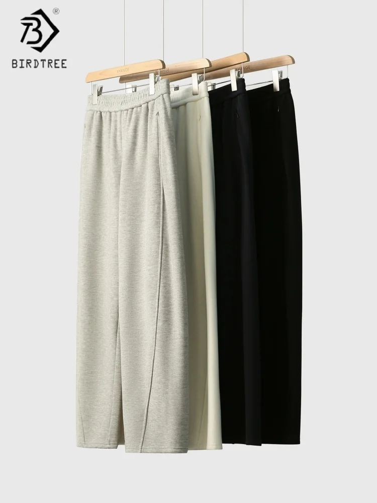 Pantaloni dritti in misto lana Birdtree, pantaloni solidi da donna, con tasche, vita elastica, pantaloni casual autunno inverno 2025 P5N817JF