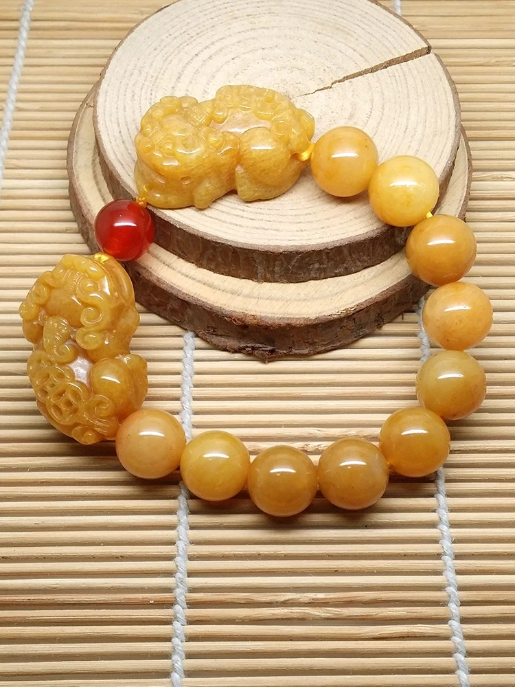 12mm Nature Yellow Jade Bead Bangle Bracelets Beast Pi Xiu Lucky Rosary Bless Amulet Bring Wealth