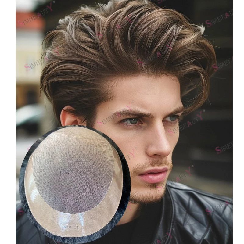 

Длительные 6-дюймовые человеческие волосы, мужские парики, необнаружимые волнистые, самые дешевые монобазы, мужской парик, супер прочный коричневый, светлый протез для волос