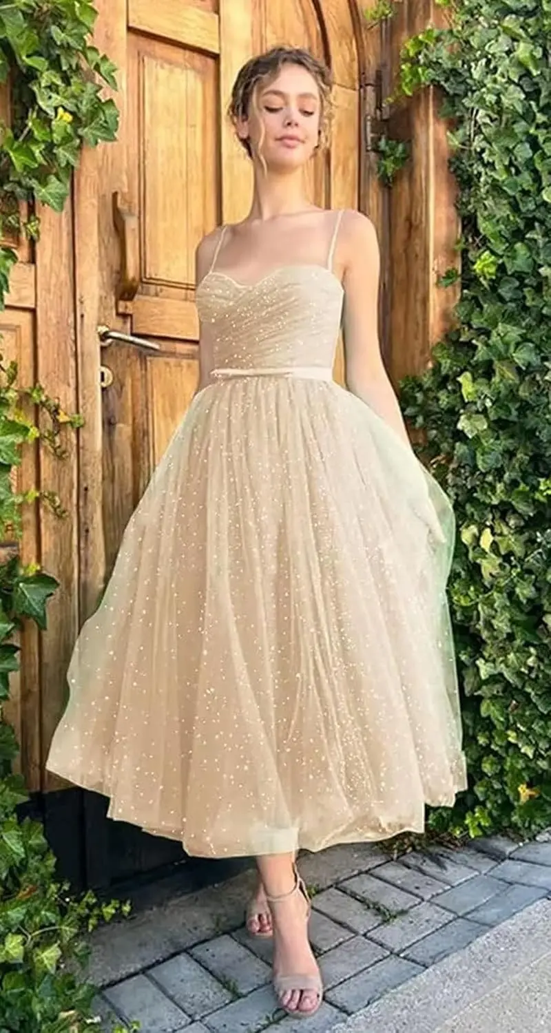 السباغيتي الأشرطة النجوم فساتين لحضور الحفلات الموسيقية سباركلي منتفخ تول الكرة ثوب الشاي طول فستان الحفلات المسائية الرسمية المرأة أنيقة