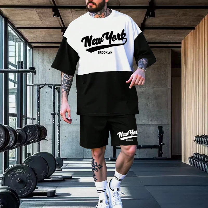 

2025 Summer Beach Vacation Short-sleeved Shorts Set Adult Sports Fashion Street Leisure Men's Simple Fitness Set