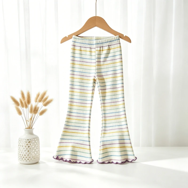 2026 New Summer Hot Selling Girls' Striped Thin Micro Horn Breathable Elastic Waist Pants
