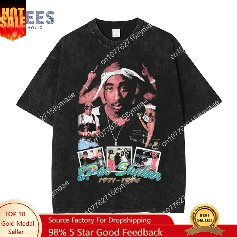 Hip Hop 2Pac T Shirt Tupac Vintage Washed Rapper Amaru Shakur T-shirts Oversized Old School Tshirts Makaveli Retro Tops Tees Men