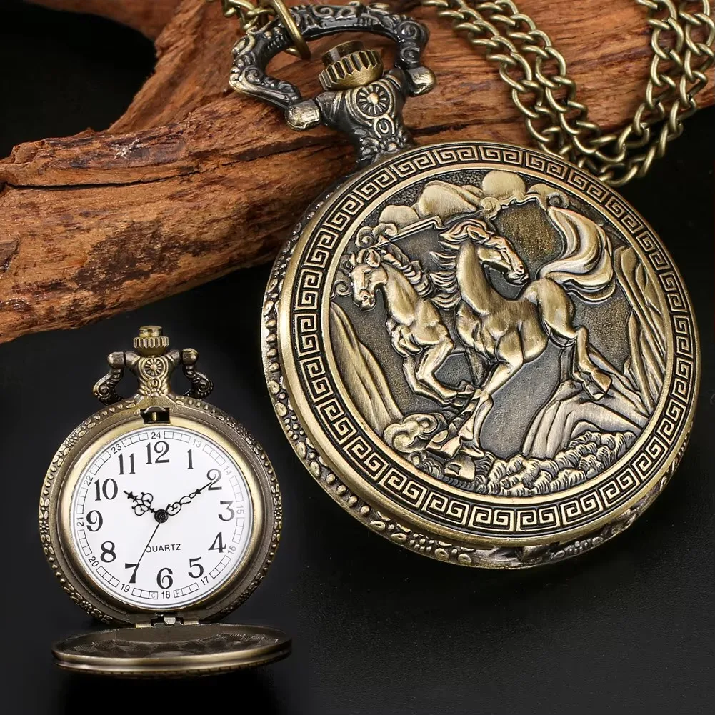 Часы с подвеской в виде лошади из античной бронзы, карманные, полностью охотничьи, кварцевые, с цепочкой и ожерельем