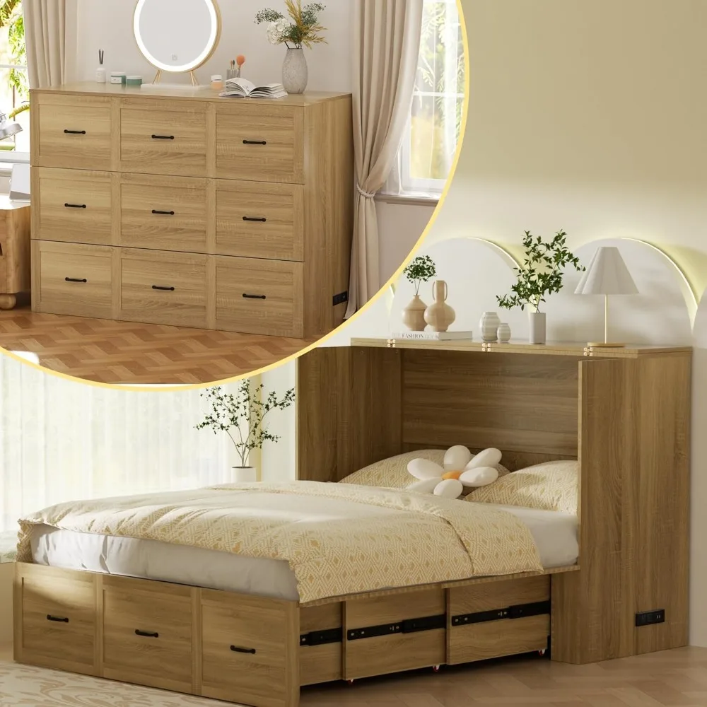 خزانة سرير جدارية خشبية كاملة الحجم من سرير ميرفي مع درج كبير موفر للمساحة ومنصة مخفية قابلة للطي وخزانة متنقلة #1
