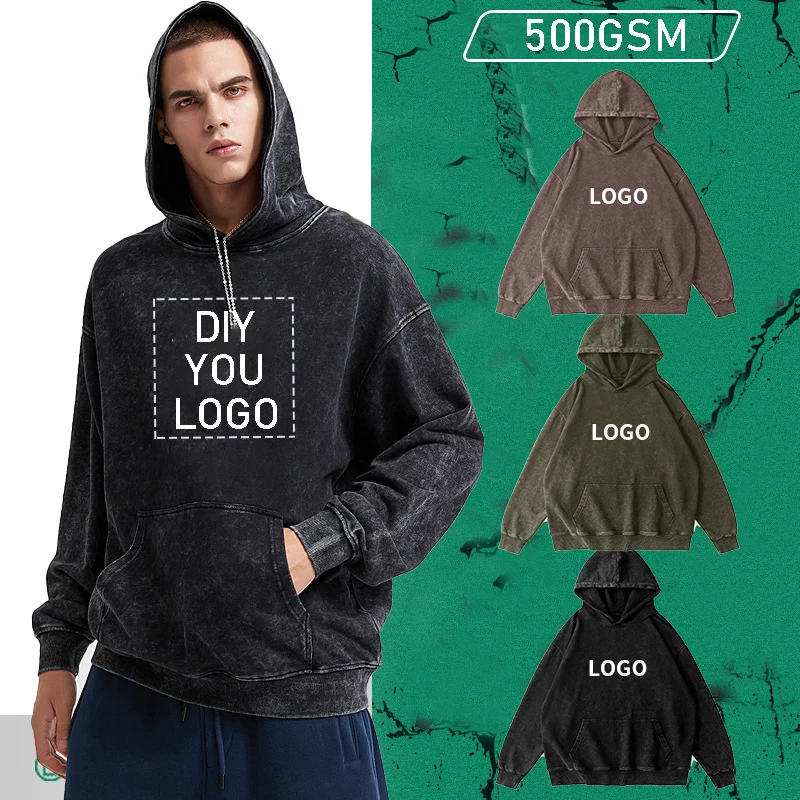 

500GSM Hoodie Custom Your LOGO Hip Hop Streetwear Men 100% Cotton hoodie Oversized Washed Top American retro washed hoodie