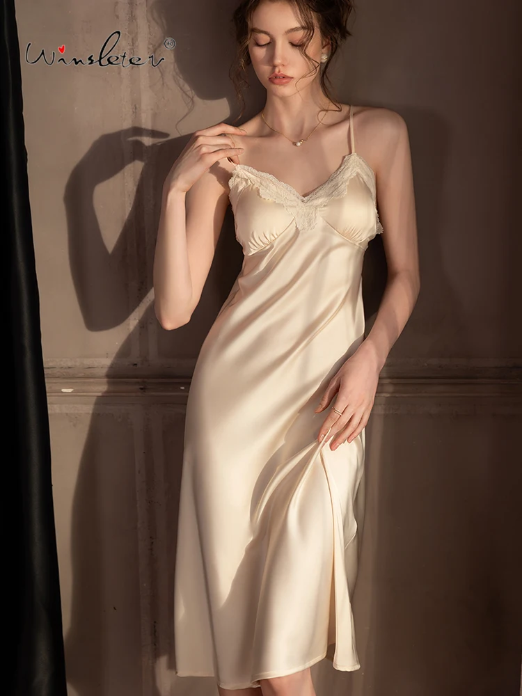 

Winsleter-Women Sexy Suspender Strap Nightgown, With Chest Pads Solid, French Lace Long Bride Pajamas, 2025 Summer New P57010CC