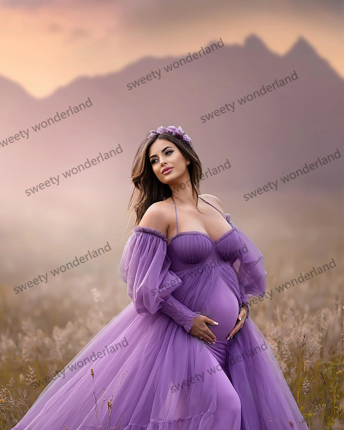 Purple Tulle Maternity Photoshoot Dress with Lining Empire Waist Prom Gown Women Long Sleeves Baby Shower Dresses Formal Wear