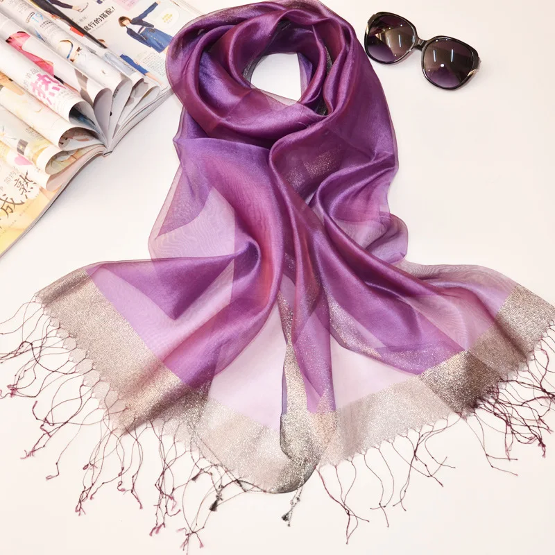 200CM Women's Mulberry Silk Scarf Organza Wrap, UV Sun Protection Pashmina Shawl Beach Cover-up for Summer