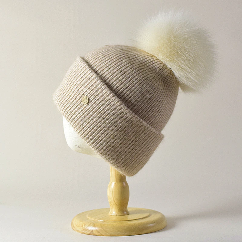 

Hat Women Winter Wool Knit Beanie Real Fox Fur Pompom Autumn Warm Skiing Accessory For Sports Outdoors