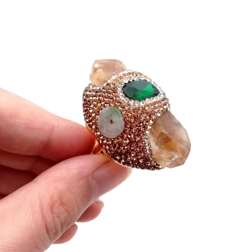 

Y·YING Natural Yellow Citrine Point Druzy Green Crystal Finger Ring Gold Plated Adjustable Gems Ring