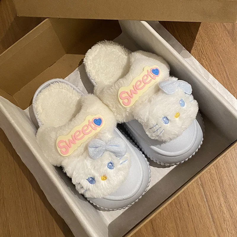 

Зимние милые хлопковые тапочки для пар, мужские и женские тапочки Hellokitty Sanrio для отдыха для девочек, теплые плюшевые тапочки на мягкой подошве со съемной хлопковой тапочкой