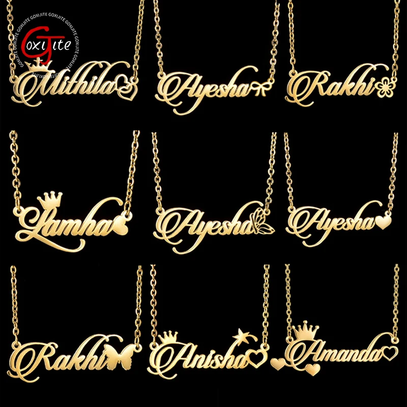 

Goxijite Personalized Name Love Necklace For Women Girls Stainless Steel Customized Crown Star Thin Chain Necklaces Jewelry Gift