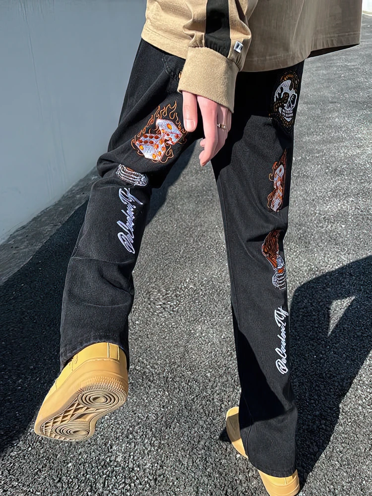 Streetwear Y2k Skull Print Flare Jeans Men Hip Hop Straight Fashion Baggy Denim Pants Wide Leg Techwear Casual Long Trousers